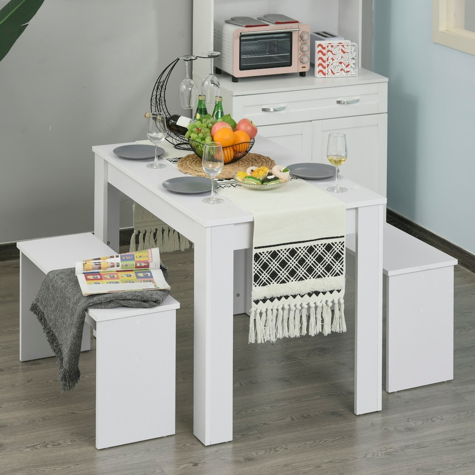 image 1 of HOMCOM Kitchen Dining Table and 2 Benches Set, Table and Chairs Set for Limited Space, White