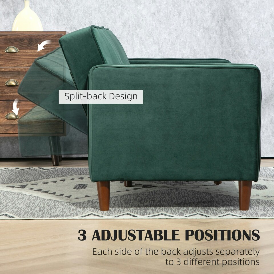 image 1 of HOMCOM Convertible Sofa Futon Velvet-Touch Tufted Couch Sofa Bed Green