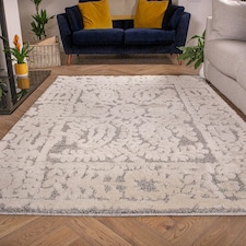 KUKOON Grey Cream Floral Plush Loop Pile Living Room Area Rug 160cm x 230cm Grey
