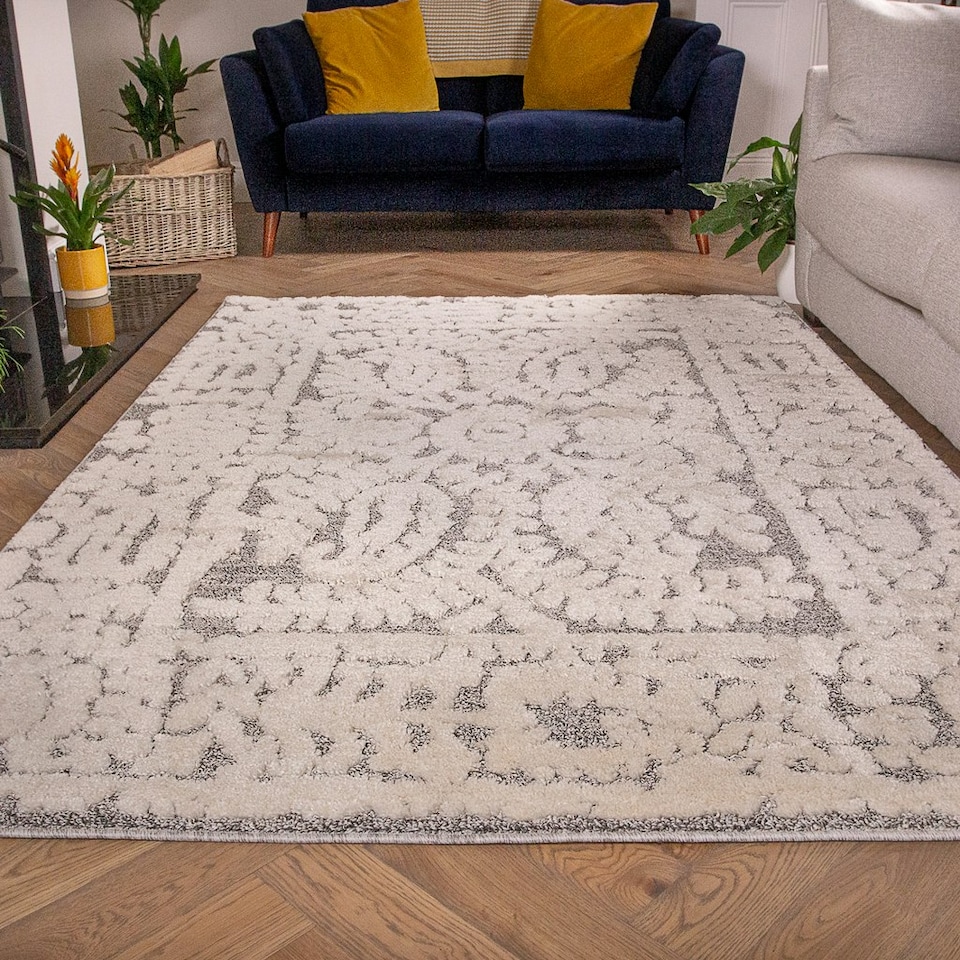 image 1 of KUKOON Grey Cream Floral Plush Loop Pile Living Room Area Rug 160cm x 230cm Grey