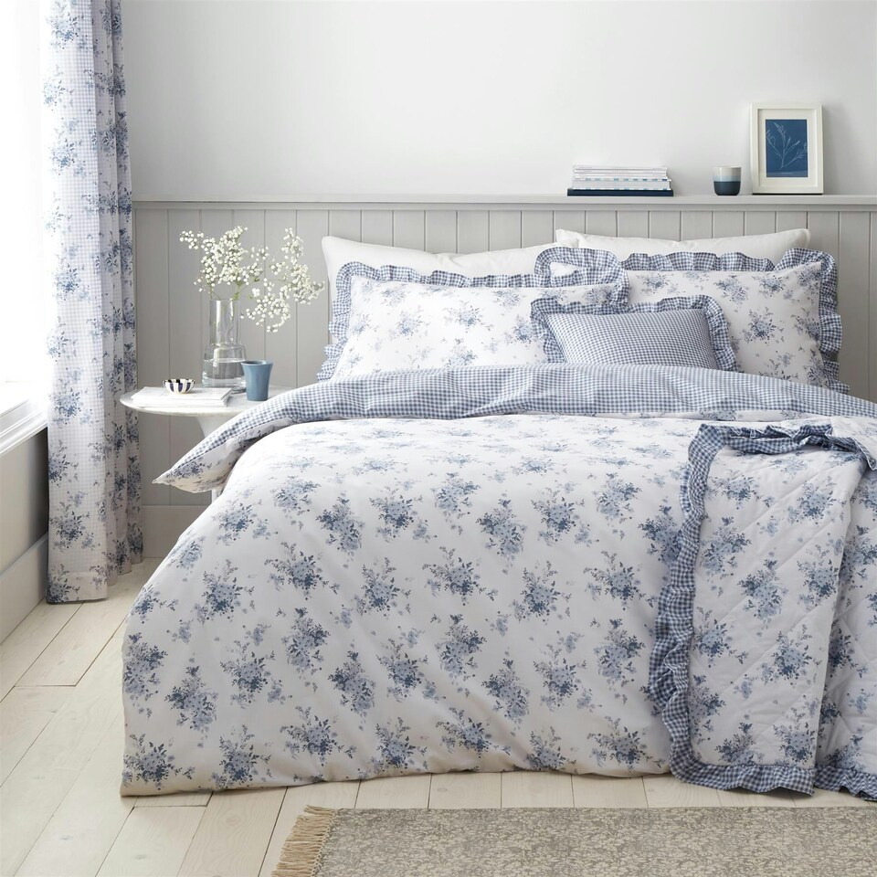 image 1 of Catherine Lansfield Lucie Floral Frill Blue Bedspread | Multi