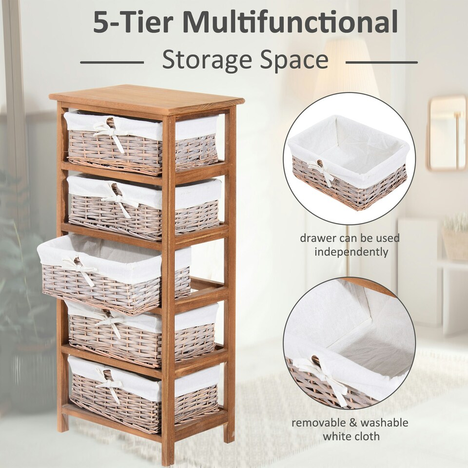 image 1 of HOMCOM 5 Drawer Wicker Basket Storage Shelf Unit Wooden Frame Home Natural