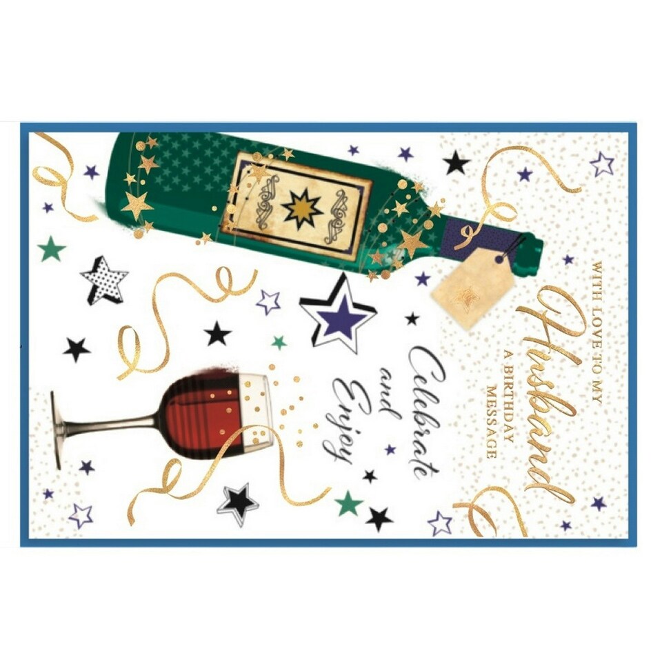 image 1 of Simon Elvin With Love To My Husband Wine Bottle Greetings Card (Pack of 6) - White/Blue/Gold - One Size