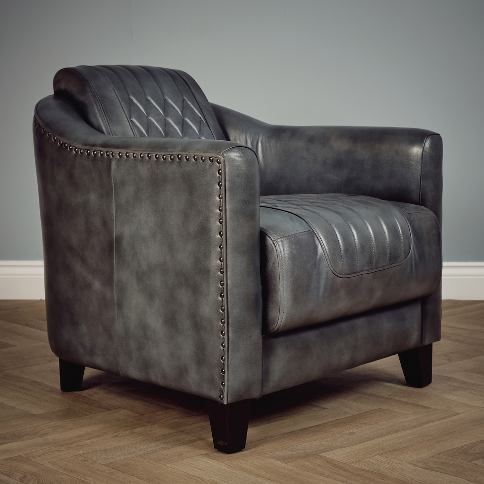 image 1 of Real Genuine Leather Tub Aviator Wing Accent Arm Chair Grey