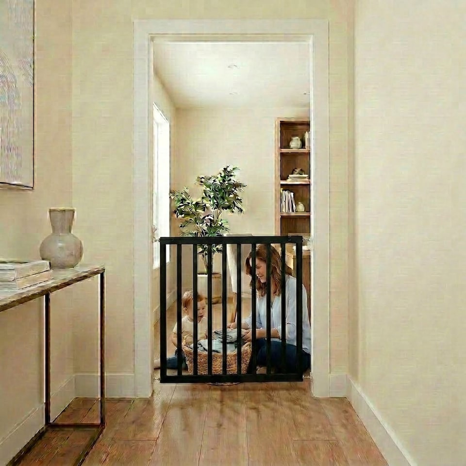 image 1 of Safetots Simply Secure Wooden Gate, 72cm - 79cm, Black, Wooden Stair Gate, Screw Fit Baby Gate, Safety Barrier