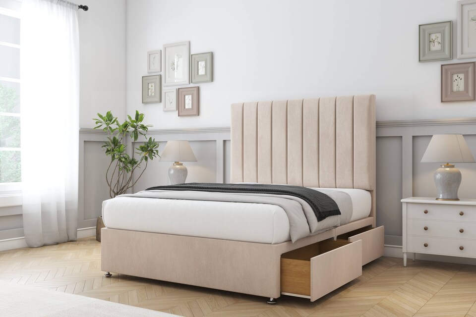 image 1 of Sloomy Kansas Sand Naples Divan Bed With Mattress 4 Drawers With 54" Floor Standing Headboard 6' Super King | Cream | Sand | Super King | 1