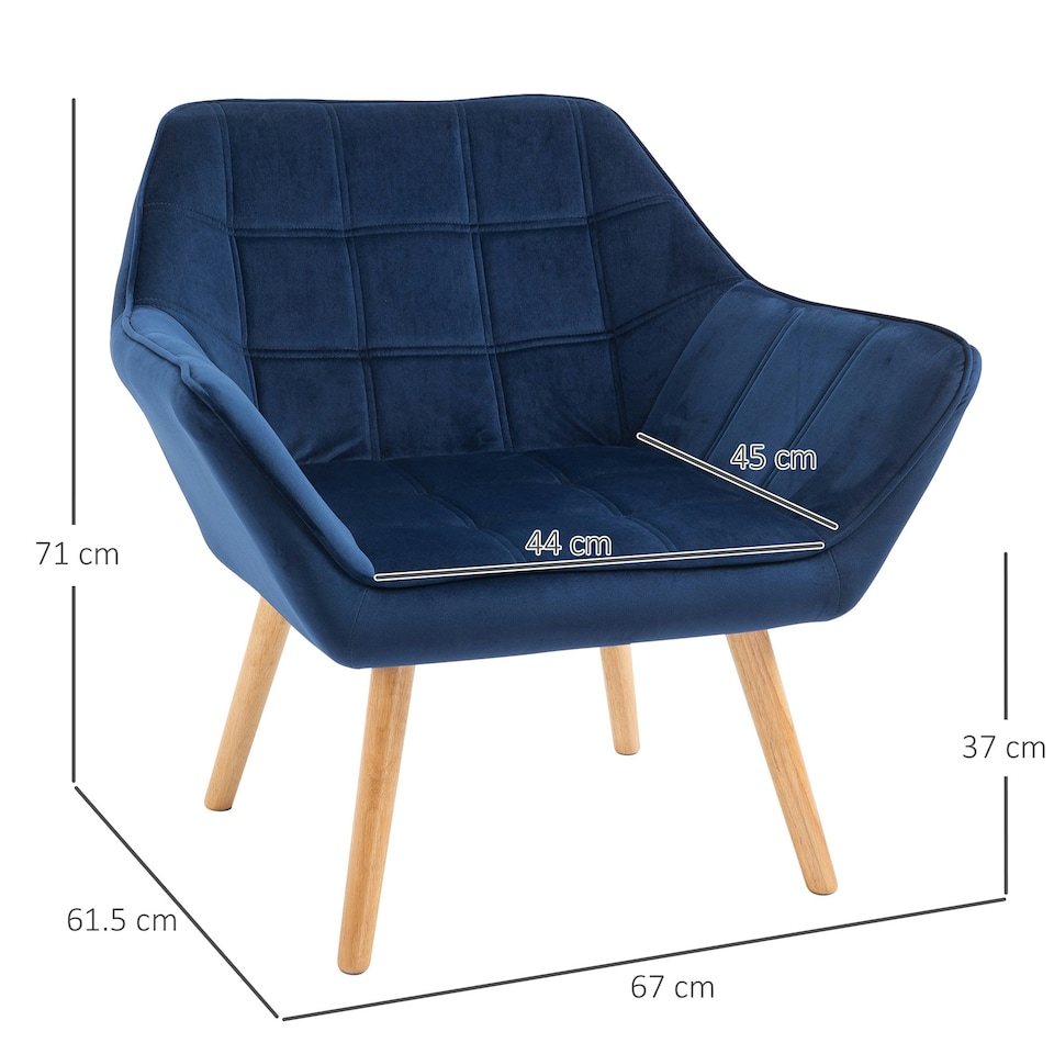 image 1 of HOMCOM Luxe Velvet-Feel Accent Chair w/ Wide Arms Slanted Back Wood Legs Blue
