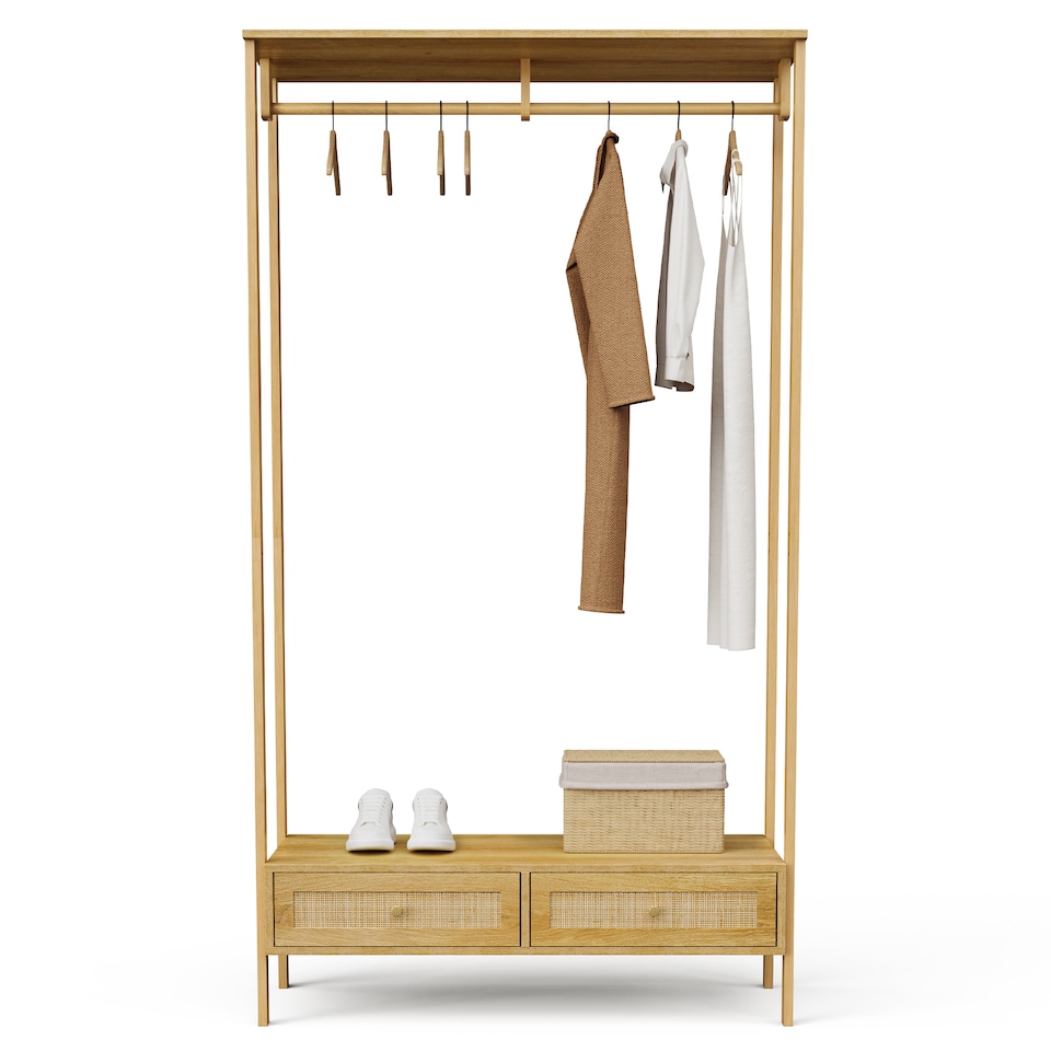 image 1 of VonHaus Clothes Rail for Bedroom, Scandi Style Natural Rattan 2 Drawer Organiser, Open Wardrobe Coat Stand, Living room Storage