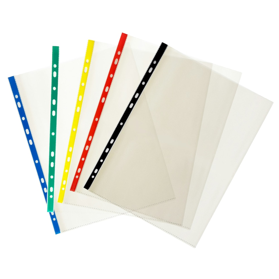 image 1 of Pack of 25 A4 Punched Pockets with Assorted Coloured Reinforced Strip