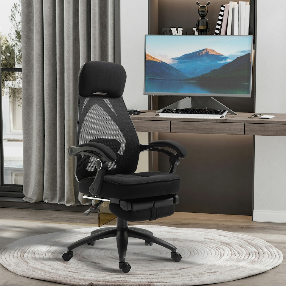image 1 of Vinsetto Mesh Swivel Task Chair for Home Office Desk Recliner w/ Footrest Black