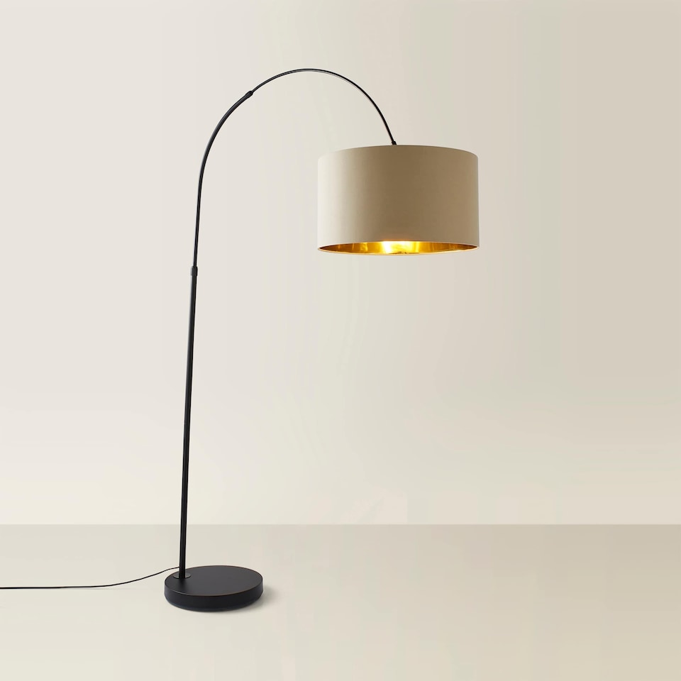 image 1 of ValueLights Louis Beige with Metallic Gold Inner Shade Black Arched Stem Curved Floor Lamp | Cream