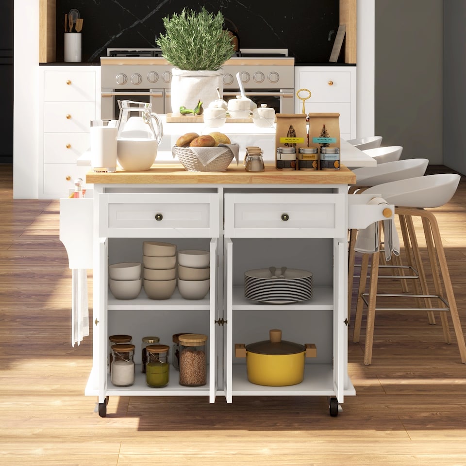 image 1 of HOMCOM Kitchen Island on Wheels, Rolling Kitchen Storage Trolley with Rubber Wood Top, Drawers, Adjustable Shelves, Towel and Spice Rack for Dining Room, Cream White