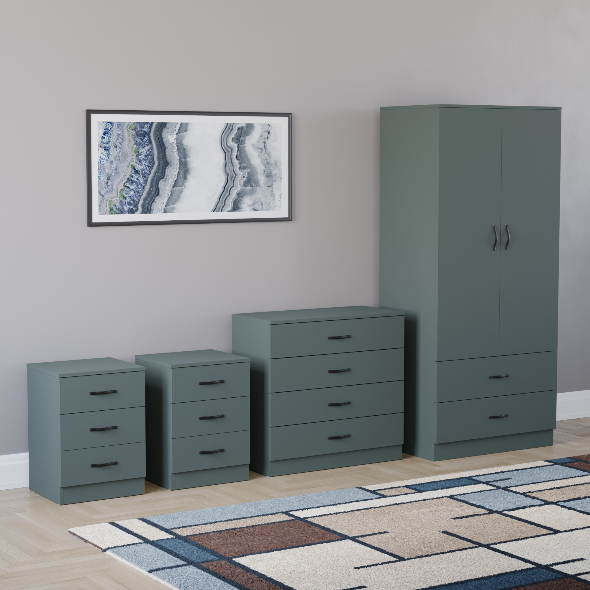 Vida Designs Riano 4 Piece Bedroom Set (2x 3 Drawer Bedside Chest, 5 Drawer Chest, 2 Door 2 Drawer Wardrobe) - Green