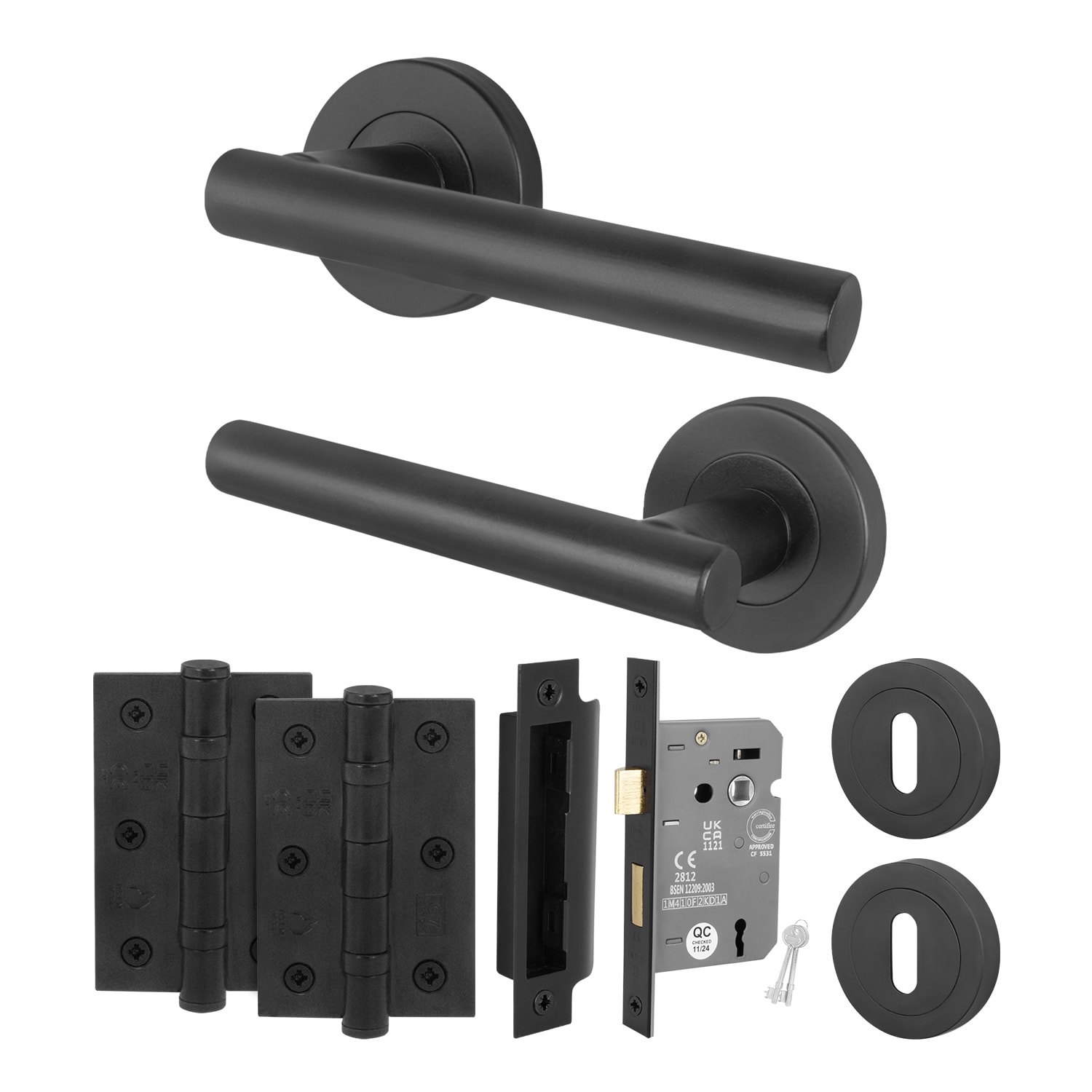 AFIT Black Lock Door Handles Round Rose with Escutcheons and Sashlock and Hinges T-Bar 1 Pair Olvera Range