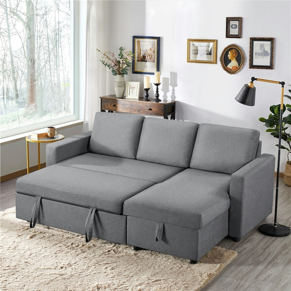 image 1 of Yaheetech Sectional Sofa with Chaise L-Shaped Sofa Bed and Pull Out Bed Storage