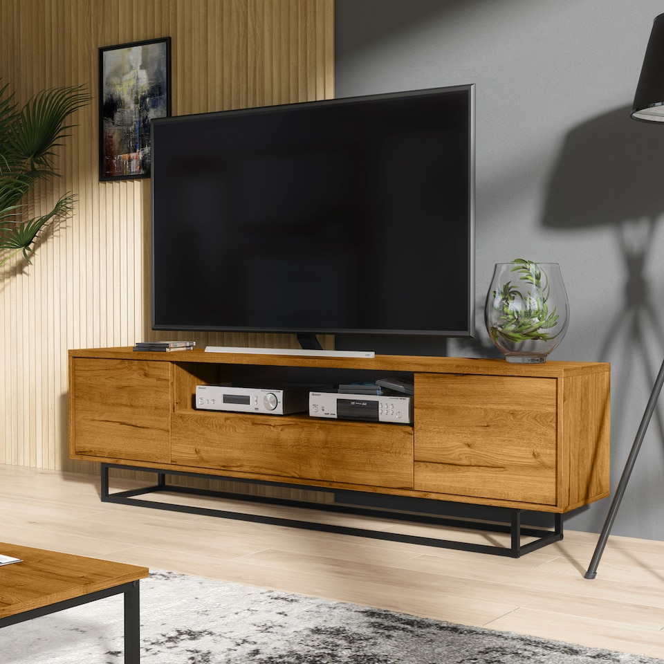 image 1 of TV Unit Sideboard Cabinet Storage Cabinet Oak Black Metal Frame Loft 200cm