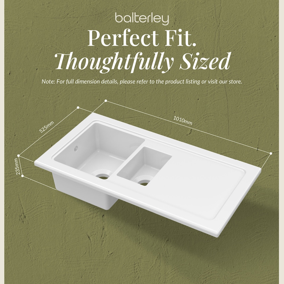 image 1 of Balterley 101cm Inset Counter Top 1.5 Bowl Fireclay Ceramic Kitchen Sink with Plain Drainer | White | White | 1