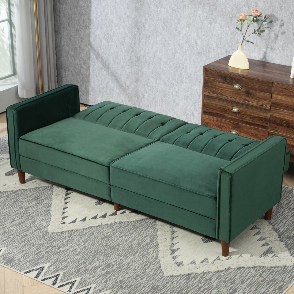 image 1 of HOMCOM Convertible Sofa Bed, 189cm Click Clack 3 Seater Sofa Bed, Button Tufted Velvet Sleeper Couch with Split Reclining Backrest and Rubber Wood Legs, Green