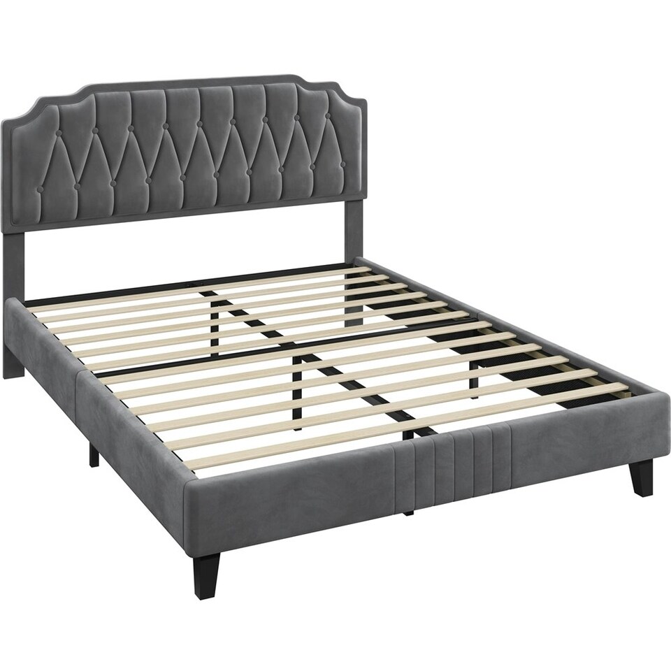 image 1 of Yaheetech 5ft King Upholstered Bed Frame with Button-Tufted Headboard Dark Grey