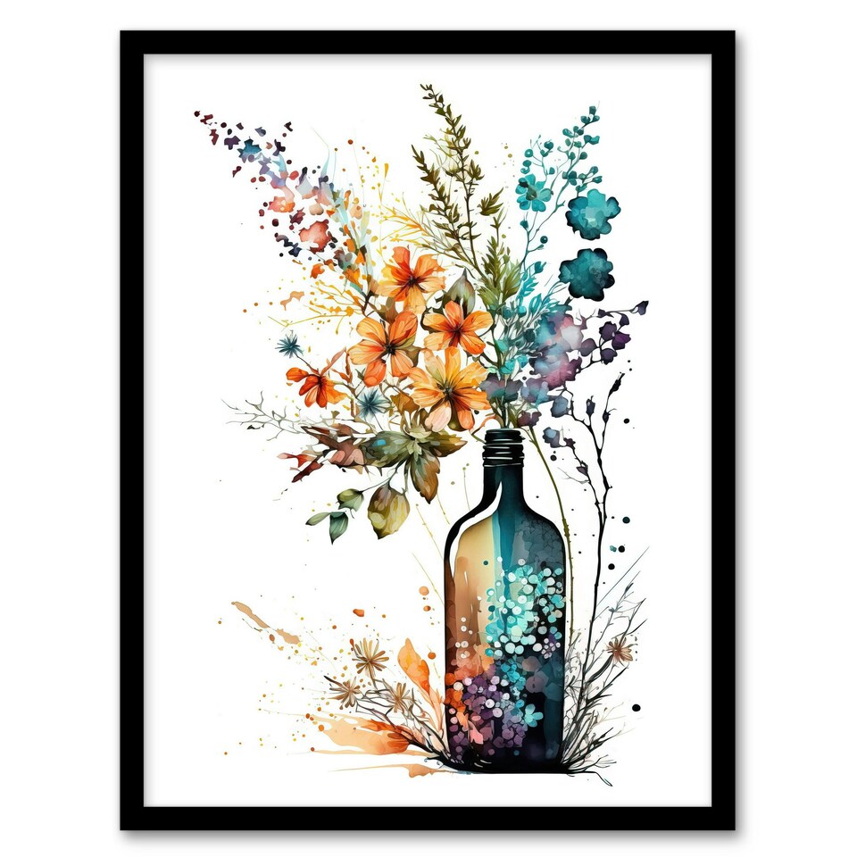 image 1 of Wine Bottle Wildflowers Watercolour Orange Black Framed Wall Art Print A4