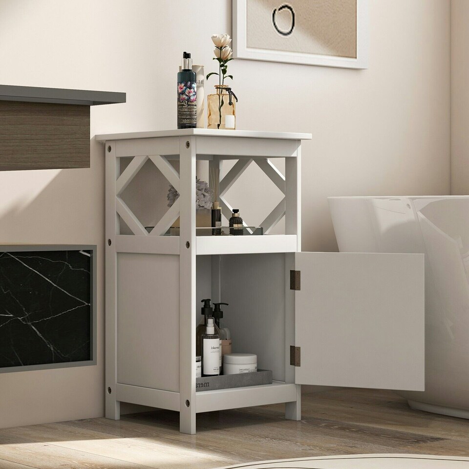 image 1 of COSTWAY Bathroom Floor Cabinet Single Door Organizer White White