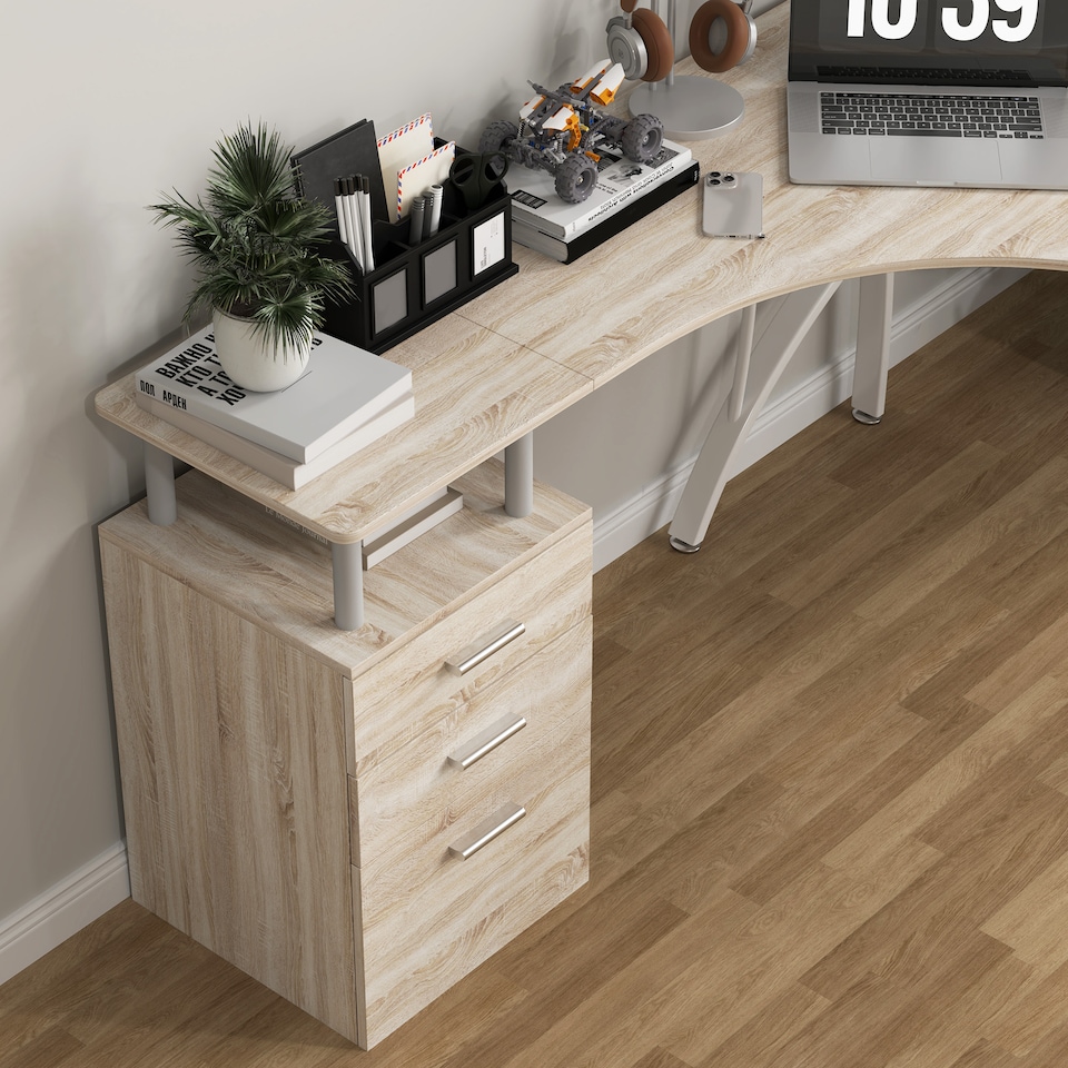 image 1 of HOMCOM L-Shaped Computer Desk Table with Storage Drawer, Home Office Desk Corner Industrial Style Workstation for A4 Files 143.5 x 143.5 x 76cm, Oak | Yellow