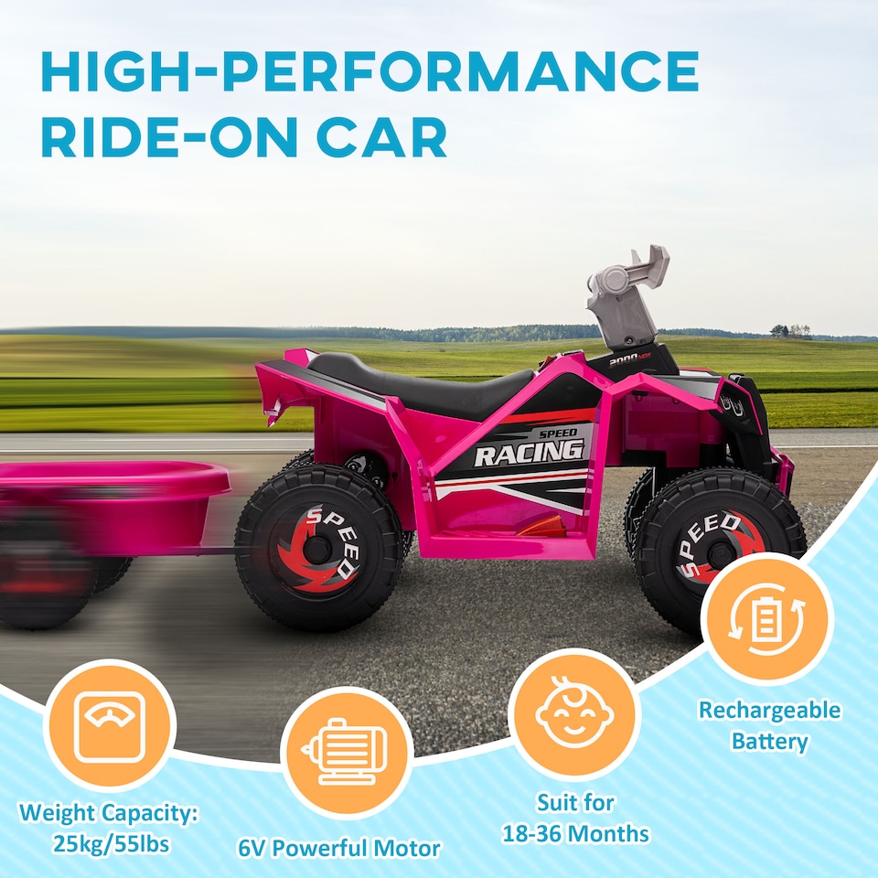 image 1 of HOMCOM Electric Quad Bike, 6V Kids Ride On All-Terrain with Back Trailer for Ages 18-36 Months - Pink
