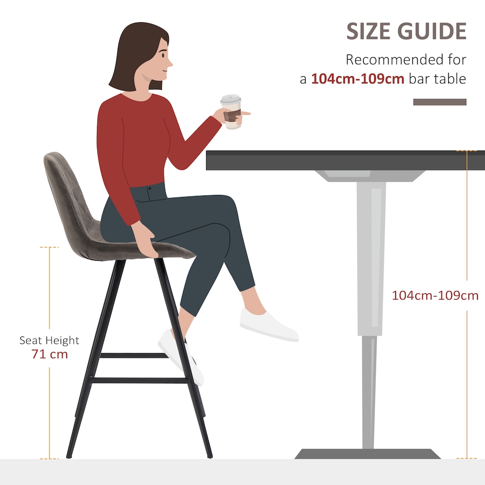 image 1 of HOMCOM Set Of 2 Bar Stools Vintage Microfiber Cloth Tub Seats Padded Comfortable Steel Frame Footrest Quilted Home Bar Cafe Kitchen Chair Stylish Dark Grey