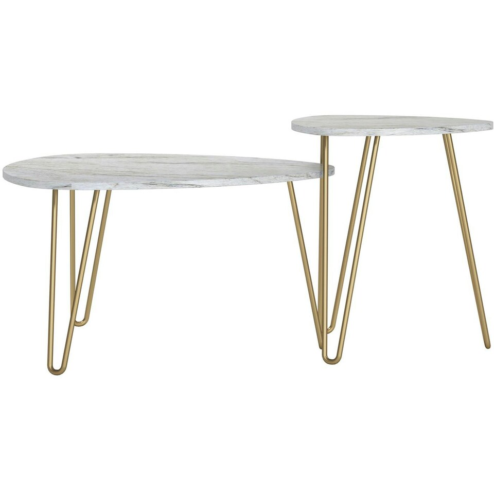 image 1 of Athena Nesting Tables in White Faux Marble / Golden Legs White | White