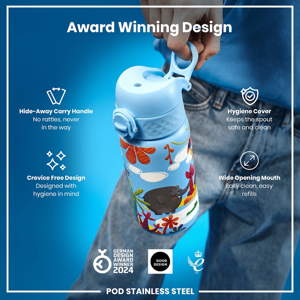 image 1 of Leak Proof Kids Water Bottle, Stainless Steel, 400ml (13oz) | Blue | Safari | One Size