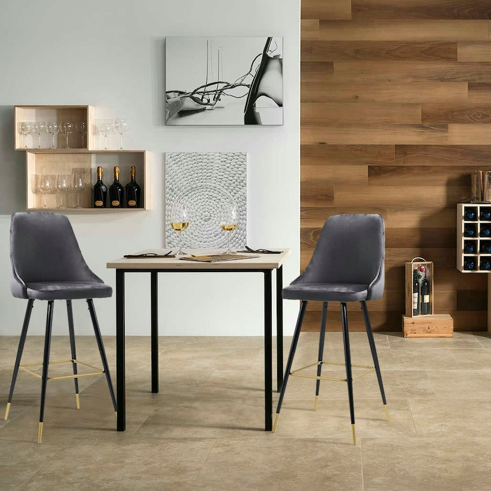 image 1 of Living and Home Set of 2 Modern Upholstered Velvet High Chairs Bar Stools