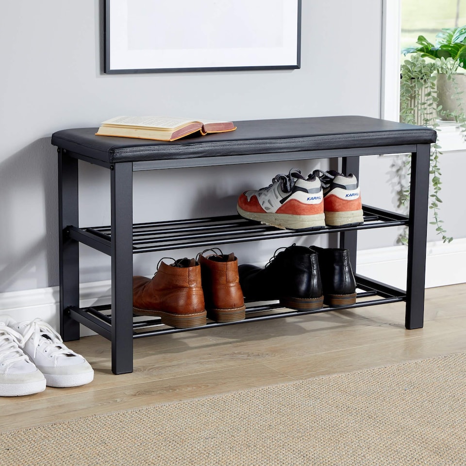 image 1 of Metal Shoe Bench with Storage Shelfs For Entryway Hallway Seating | Black