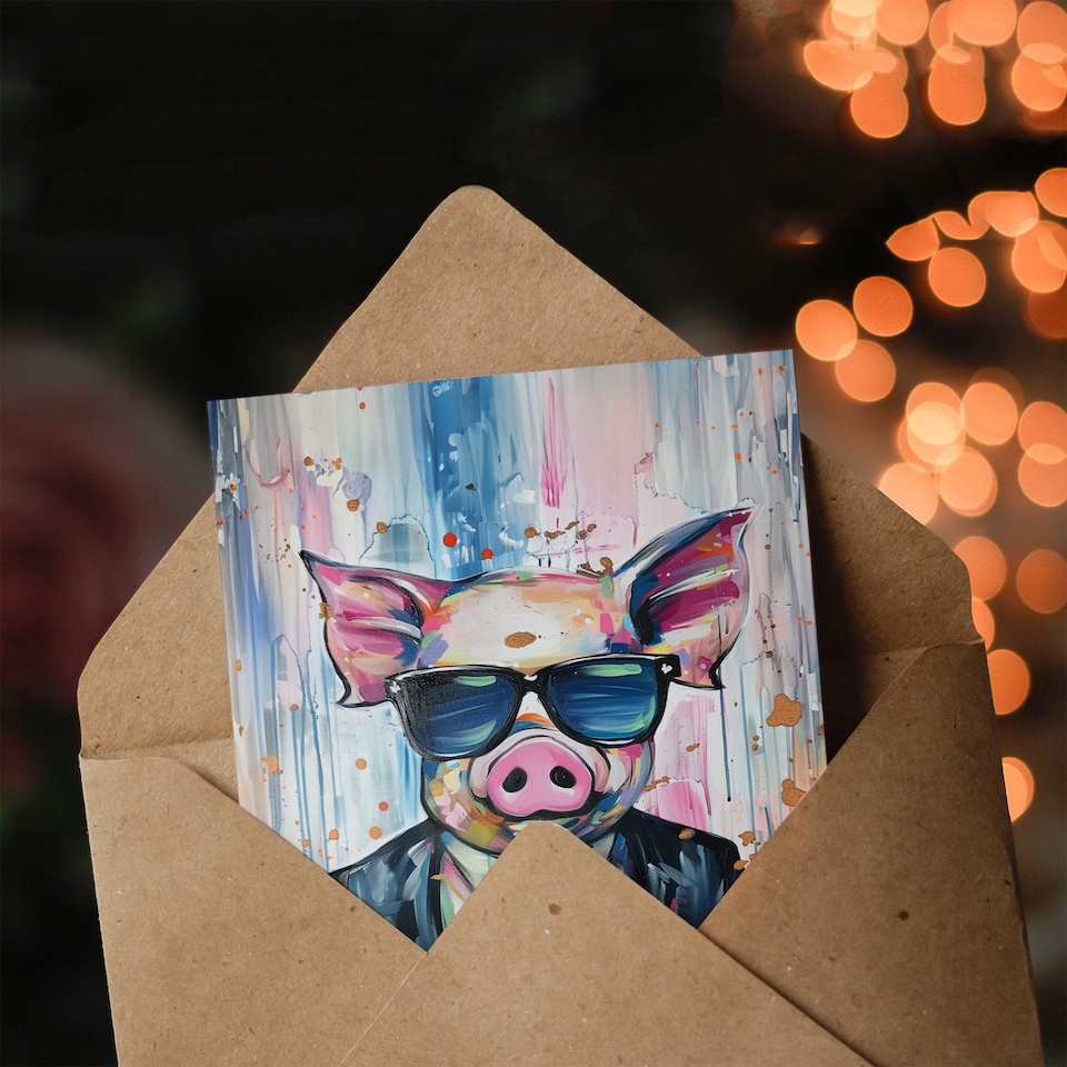 image 1 of Cool Pig in a Suit With Sunglasses Fun Painting Congratulations Card