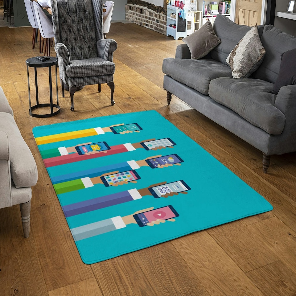 image 1 of Hands holding smart phones (Rug) Blue | Medium: 80x150cm