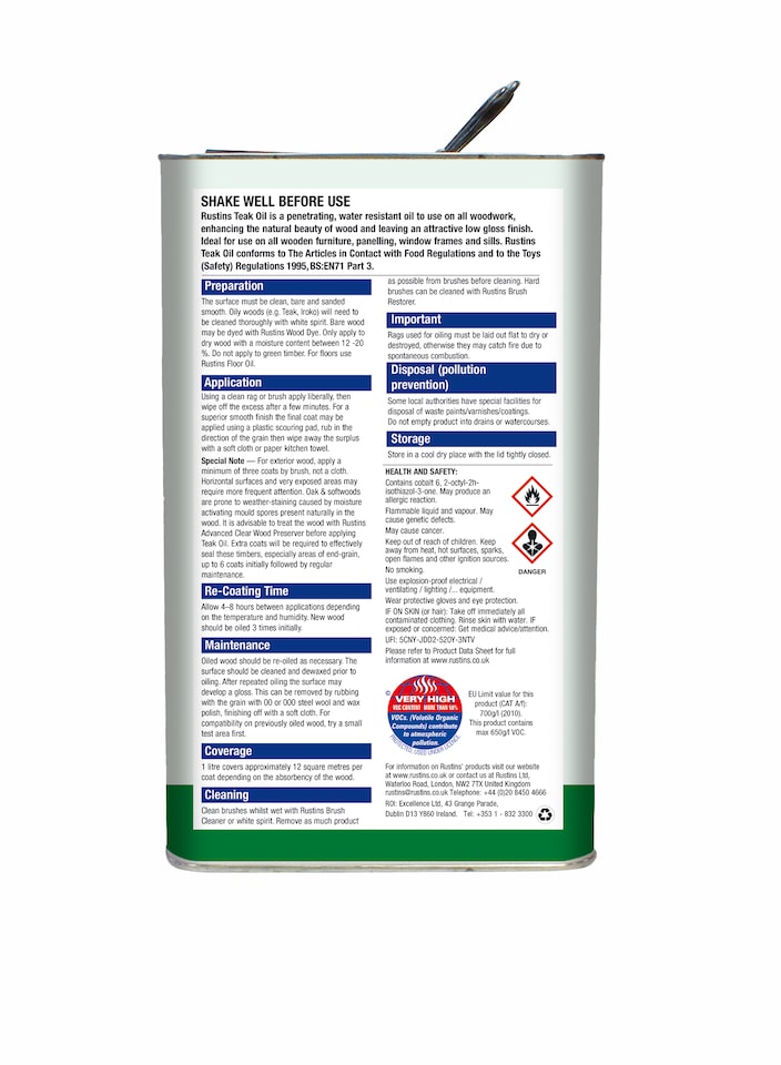 image 1 of Rustins Teak Oil Enhances Woods Interior/Exterior Gloss 5L
