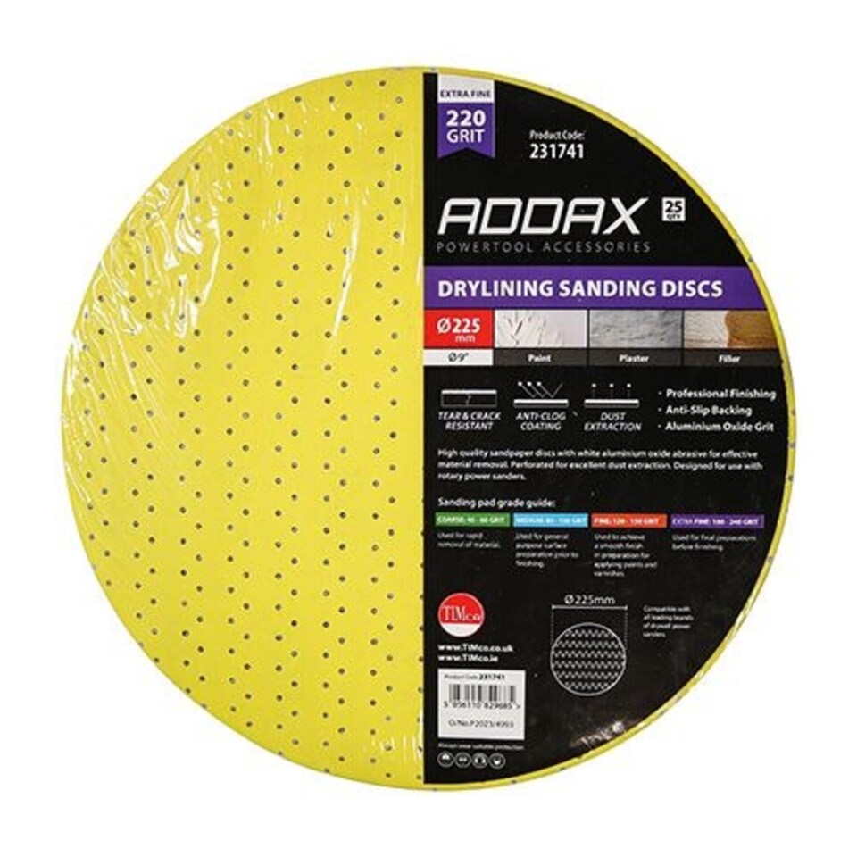 image 1 of Timco - Drylining Sanding Discs - 220 Grit - Yellow (Size 225mm - 25 Pieces)