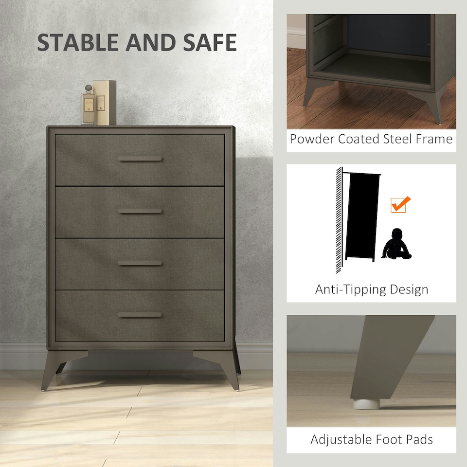 image 1 of HOMCOM 4 Drawer Chest of Drawers, Fabric Dresser with Steel Frame, Brown