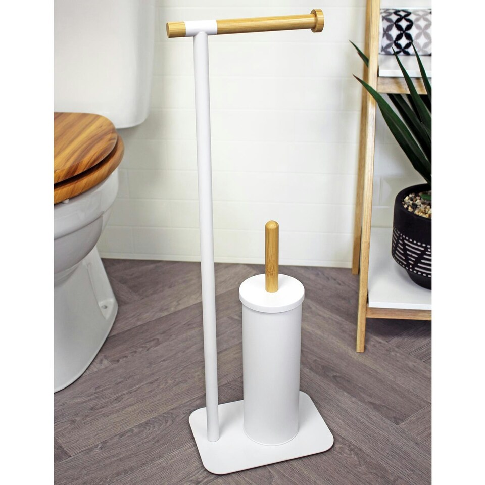 image 1 of Showerdrape Sonata White & Bamboo Toilet Roll Holder & Toilet Brush Combination