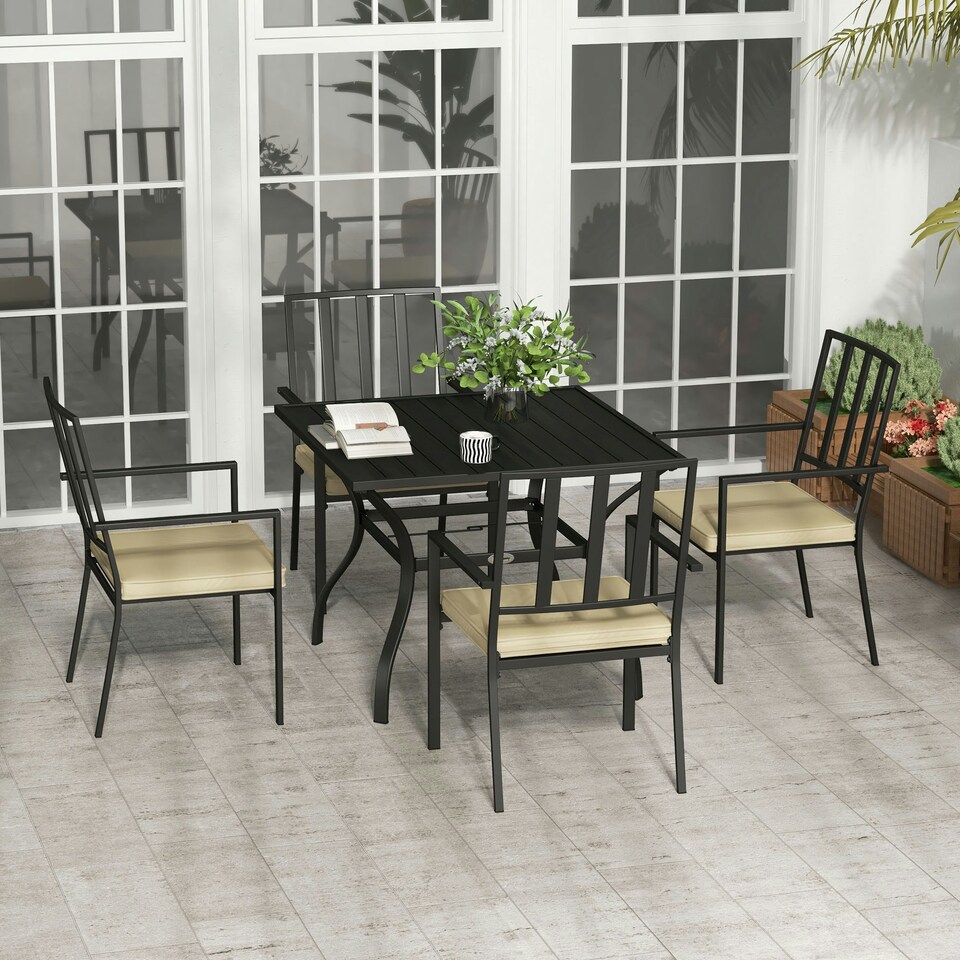 image 1 of Outsunny Garden Dining Set with 4 Stackable Cushioned Chairs and Table