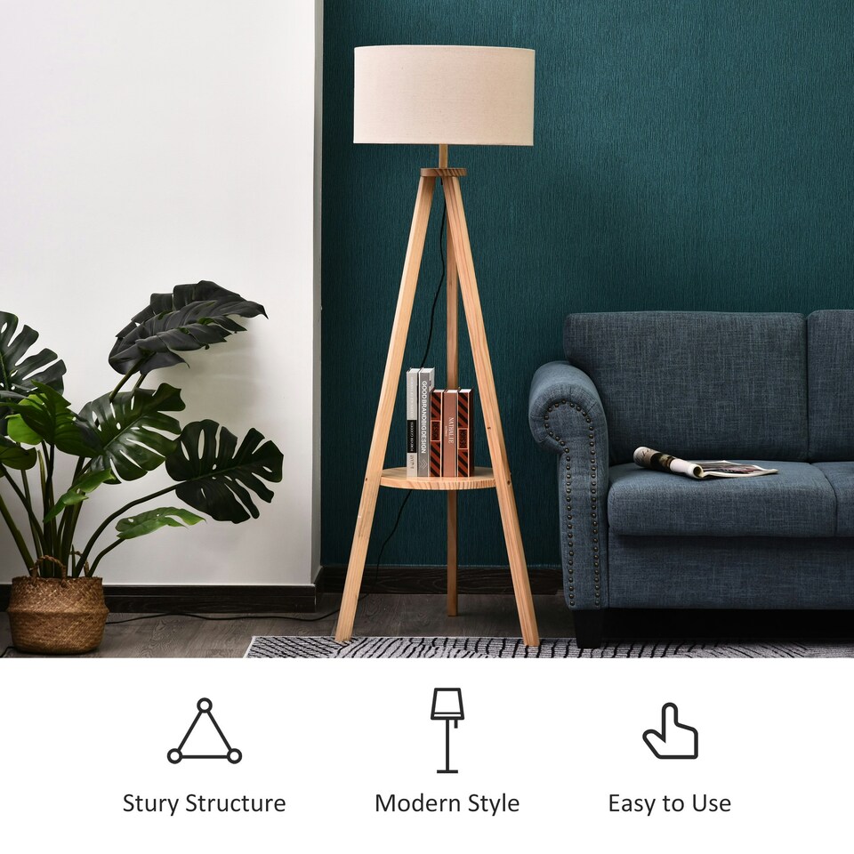 image 1 of HOMCOM Floor Lamp Bedside Light Free Standing Tripod Holder Storage Shelf Linen