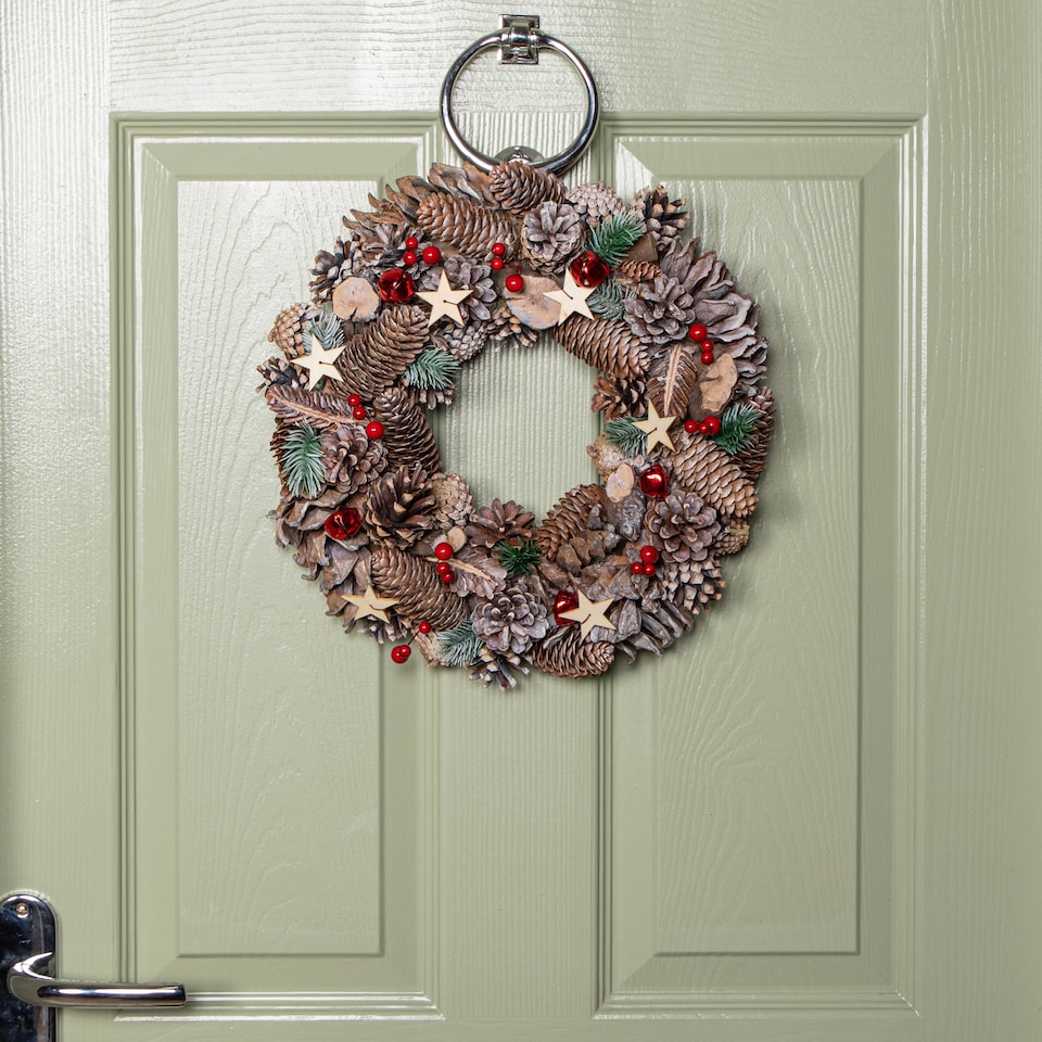 image 1 of 36cm Frosted Hanging Christmas Wreath with Red Jingle Bells & Wooden Stars
