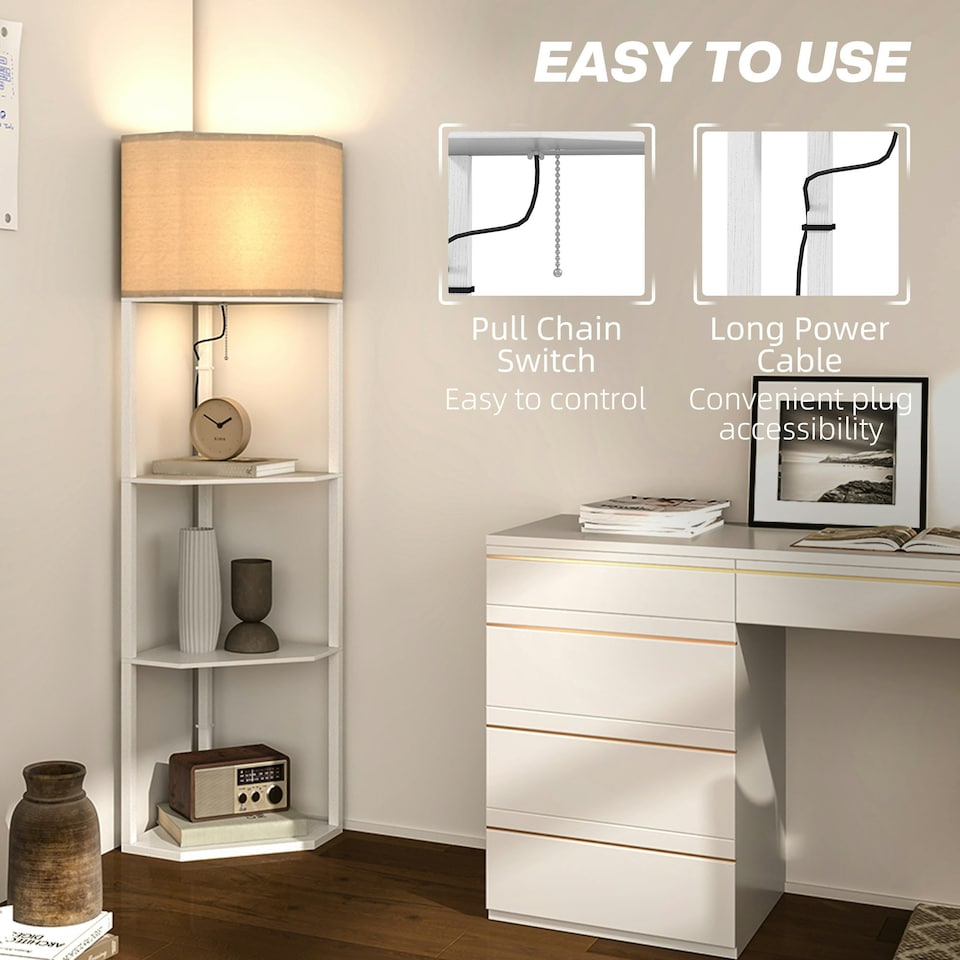 image 1 of HOMCOM Corner Modern Floor Lamp with Shelves for Living Room, Bedroom, White