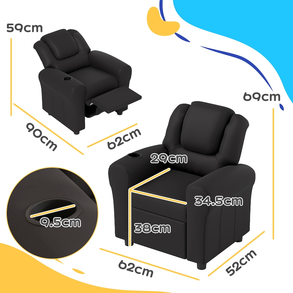 image 1 of HOMCOM Kids Recliner Chair w/ Cup Holder, PU Leather Children Lounger, Black | Black | Black