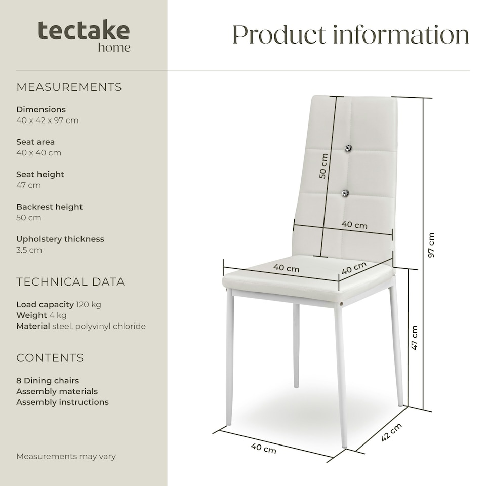 image 1 of Dining Chair Set - high backrest, slim steel legs & rhinestone highlights - Set of 8 White