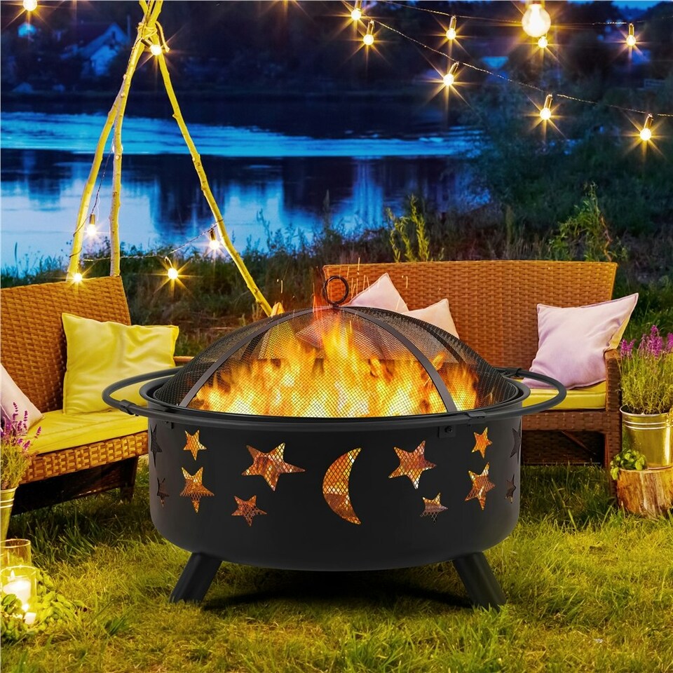 image 1 of Yaheetech Fire Pit Set Iron Bowl Including Poker Mesh Cover Black