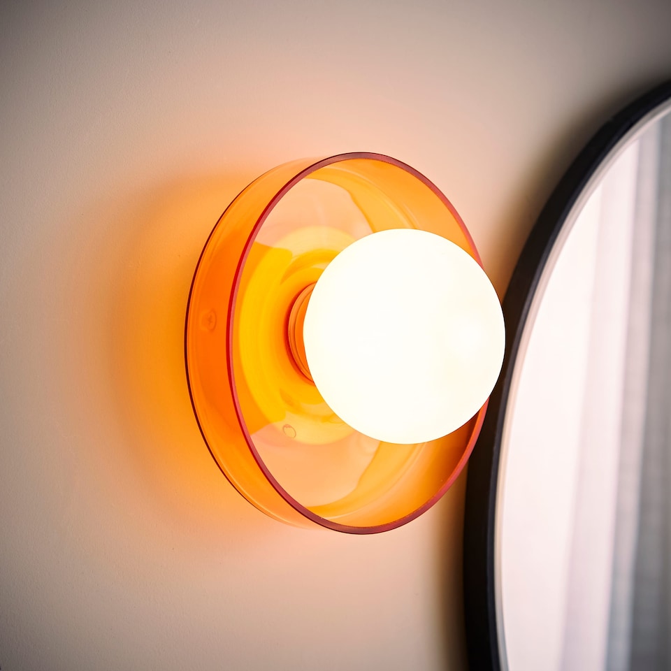 image 1 of ValueLights Newbury Amber Glass IP44 Flush Wall Light and Bulb | Orange