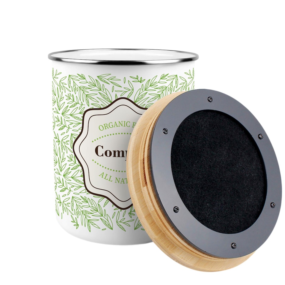 image 1 of Organic Green Leaves Compost Caddy - Metal 2L Decorative Kitchen Food Waste Bin