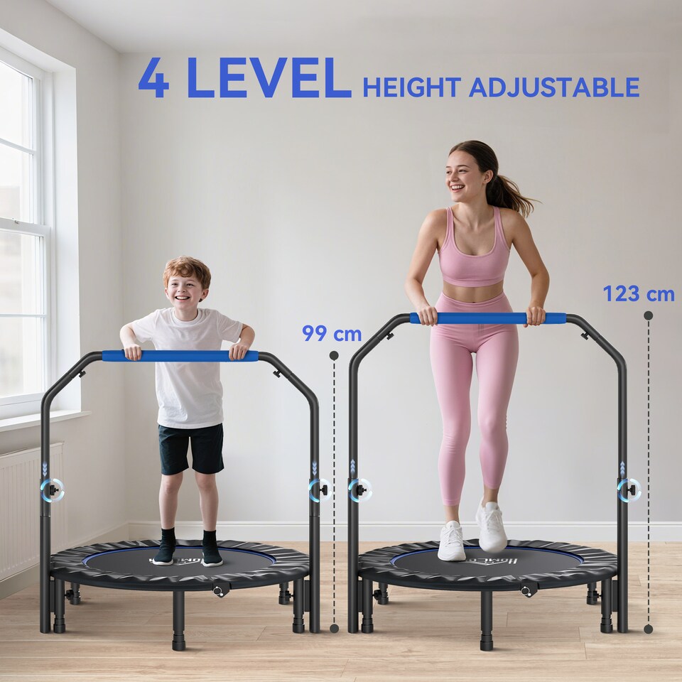 image 1 of HOMCOM 45" Foldable Mini Trampoline Fitness Trampoline Rebounder for Adults with Adjustable Foam Handle, for Indoors, Outdoors, Cardio Training, Blue | Blue