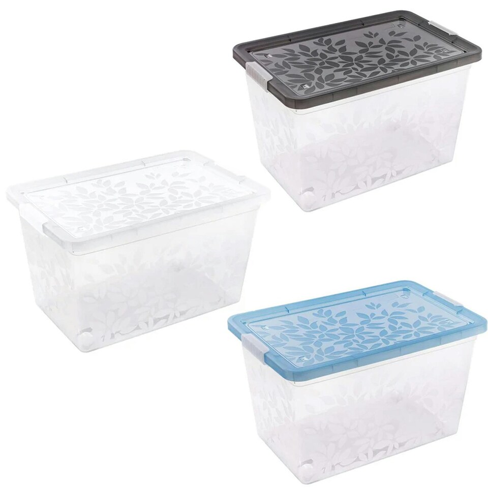 image 1 of Set of 3 55 Litre Elegant Jasmine Leaves Strong Stackable Plastic Storage Boxes Complete With Clip Locked Lids Clear