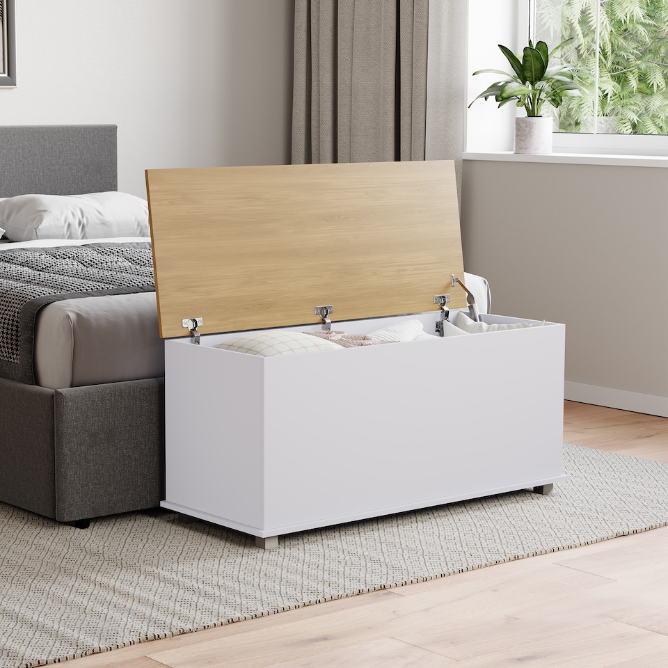 image 1 of Vida Designs Arlington Storage Ottoman Bedroom Hallway Chest Bench, White & Oak | White | White